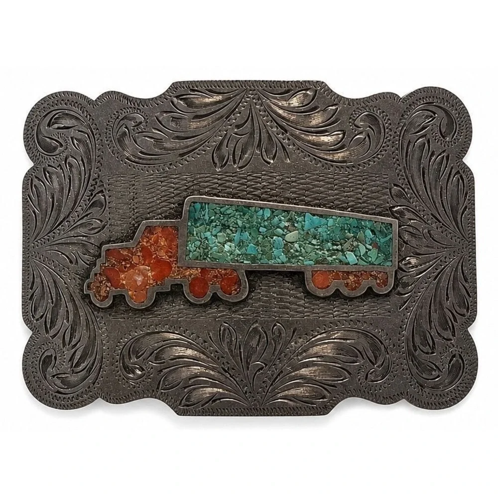 Turquoise Spiny Oyster Trucker Southwestern Nickel Silver Belt Buckle Handcraft